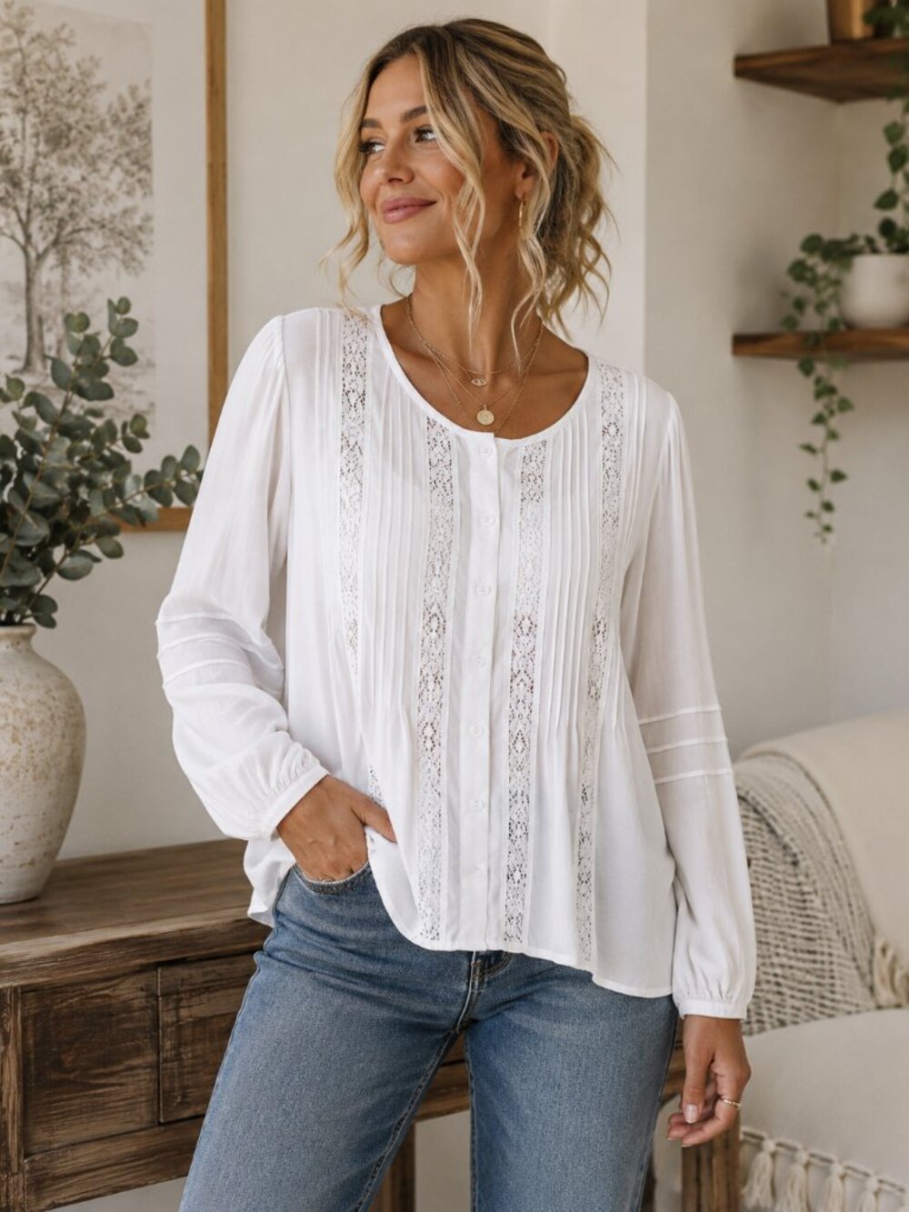 Caslon Lace Inset Pintuck Blouse | XL | White | Boho Romantic Top